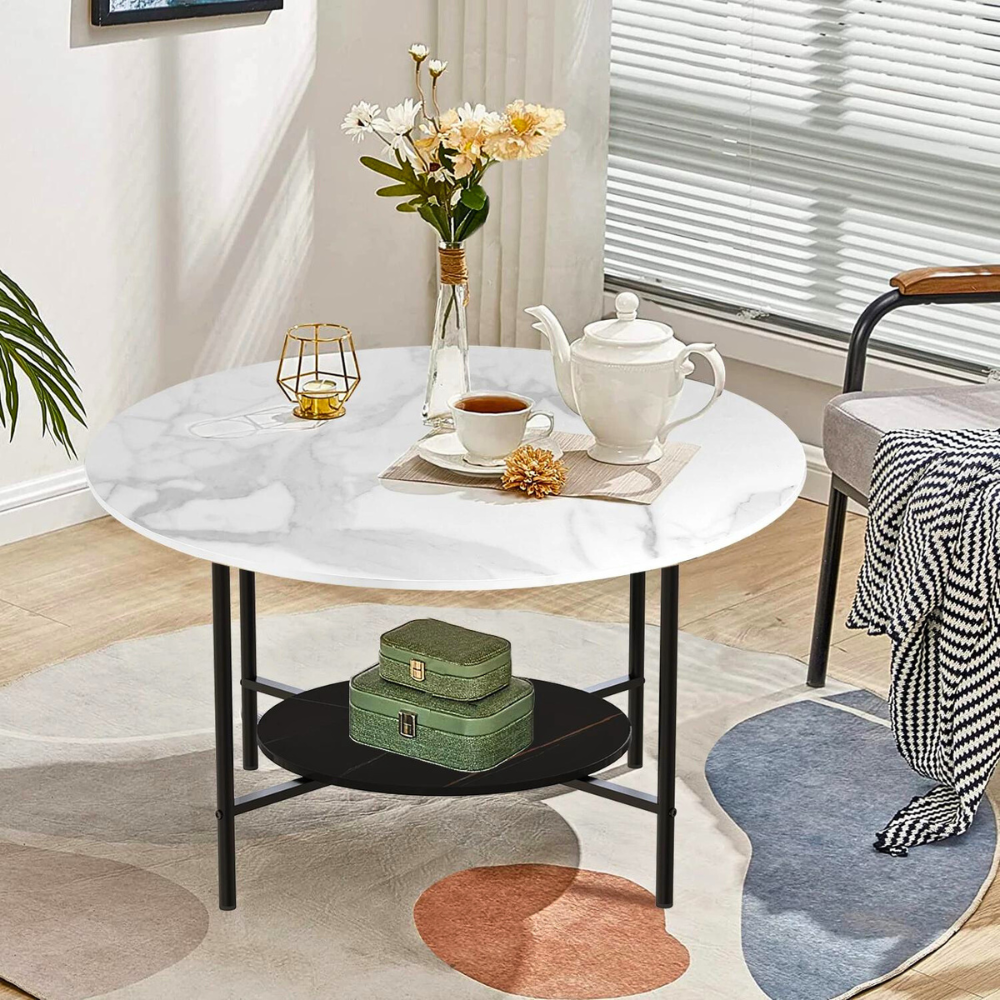 2 Tier Round Sofa Side End Table Marble Coffee Table
