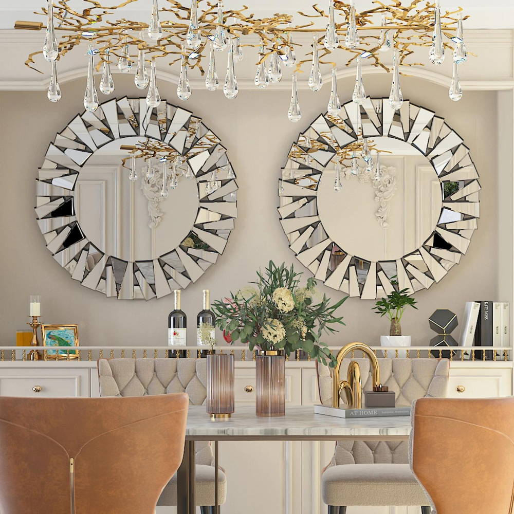 Unique Sunburst Decorative Wall Mounted Beveled Glass Accent Mirror - Round 80CM Silver