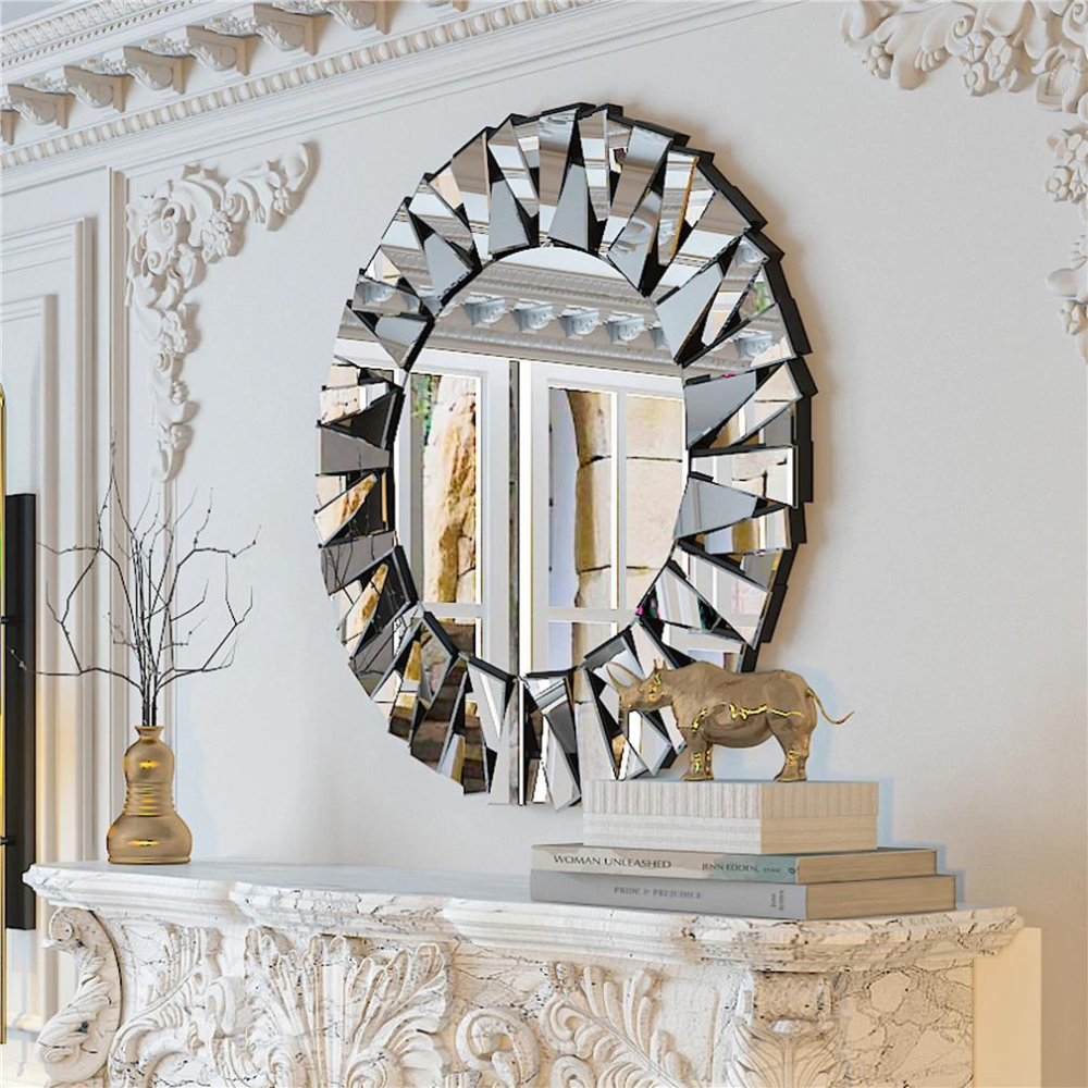 Unique Sunburst Decorative Wall Mounted Beveled Glass Accent Mirror - Round 80CM Silver