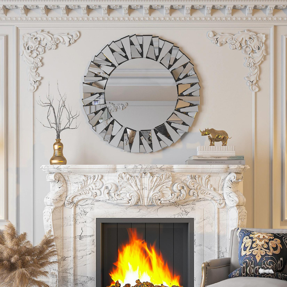 Unique Sunburst Decorative Wall Mounted Beveled Glass Accent Mirror - Round 80CM Silver