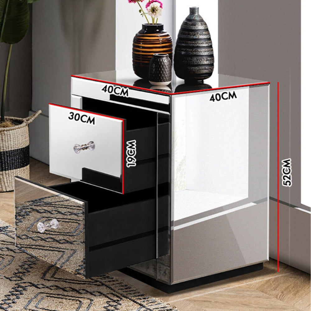 Bedside Table Mirrored Cabinet Nightstand Side End Table Drawers