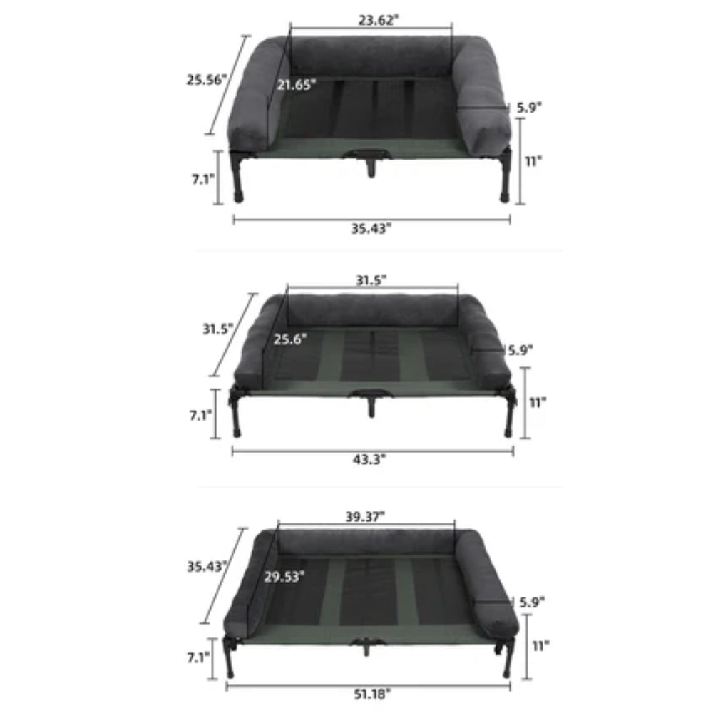 Elevated Dog Bed with Detachable Plush Bolster - Cooling, Grey, Multiple Sizes