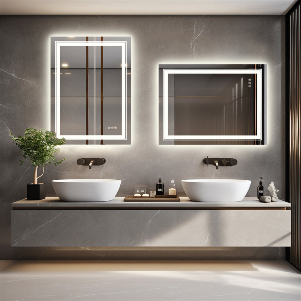 Smart LED Bathroom Mirror – Dimmable, Defog, Waterproof, Silver Aluminum