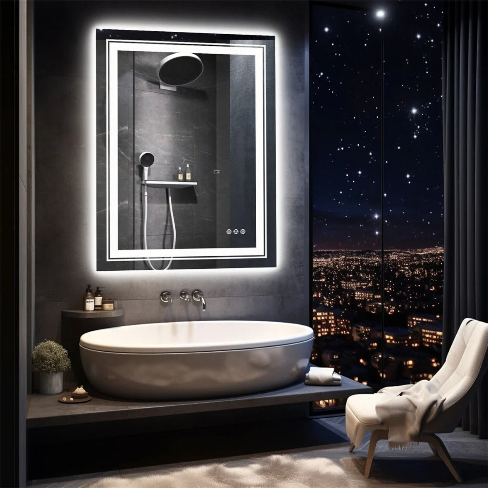 Smart LED Bathroom Mirror - Dimmable, Defog, Waterproof, Silver Aluminum