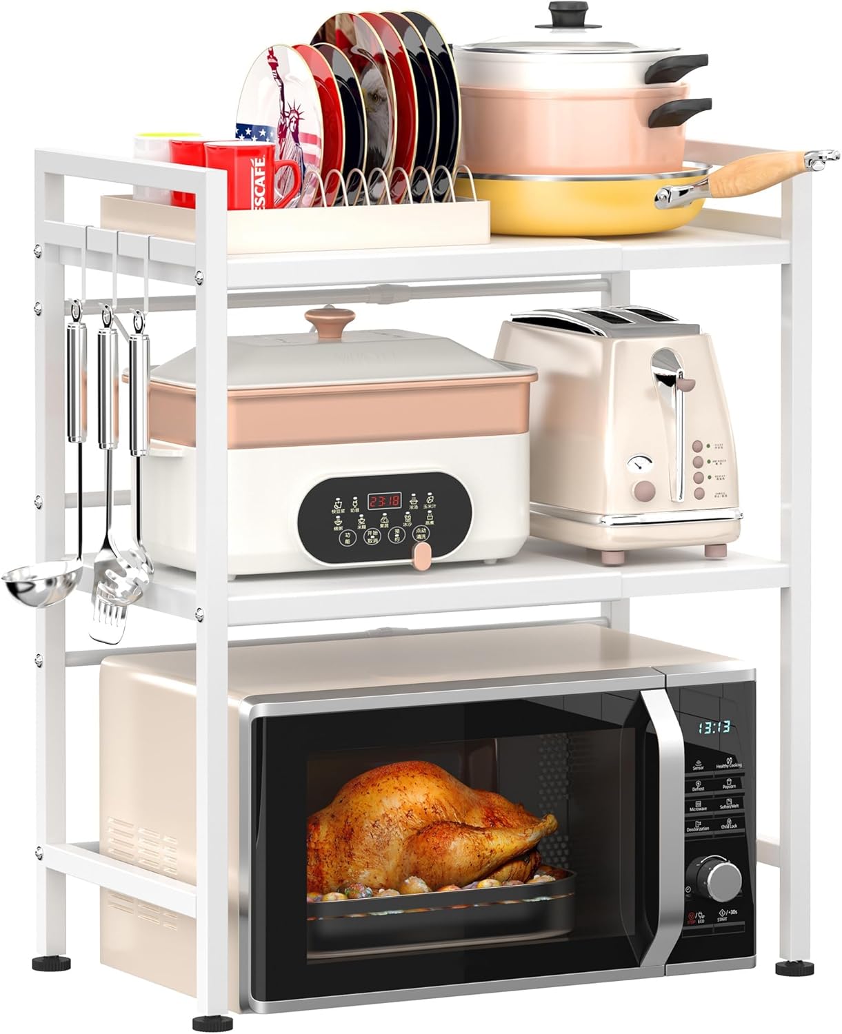 CARLA HOME 3-Tier Microwave Oven Rack with Adjustable Metal Kitchen Shelf Stand for Countertop Storage and 6 Hooks for Utensils-2050057511133908992