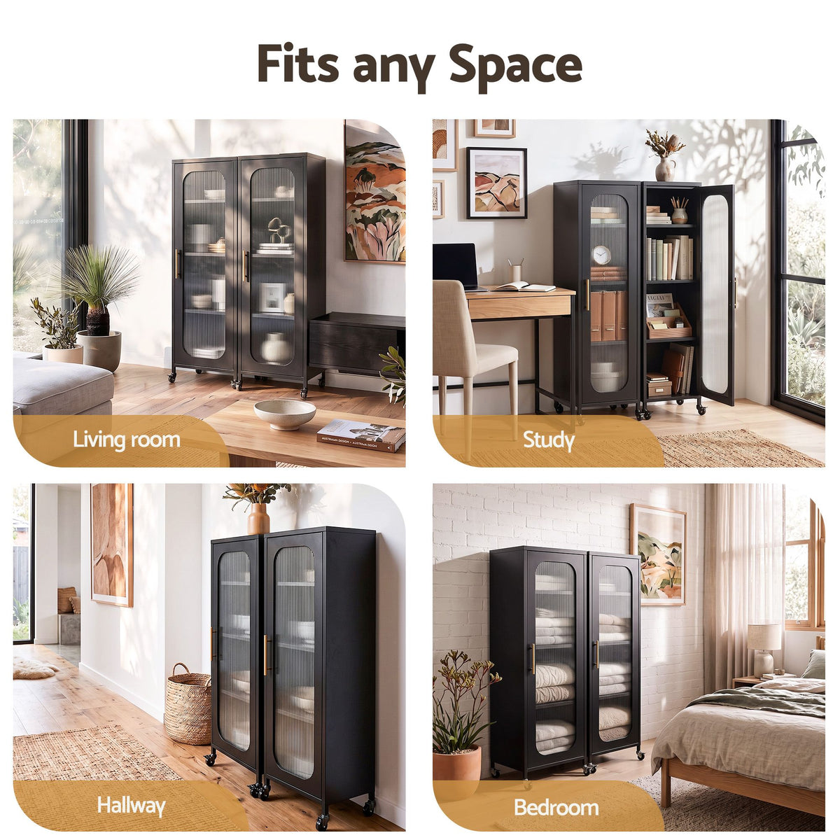 TWSC Buffet Cabinet Sideboard X2 Slim Kitchen Storage Trolley Wheels Black