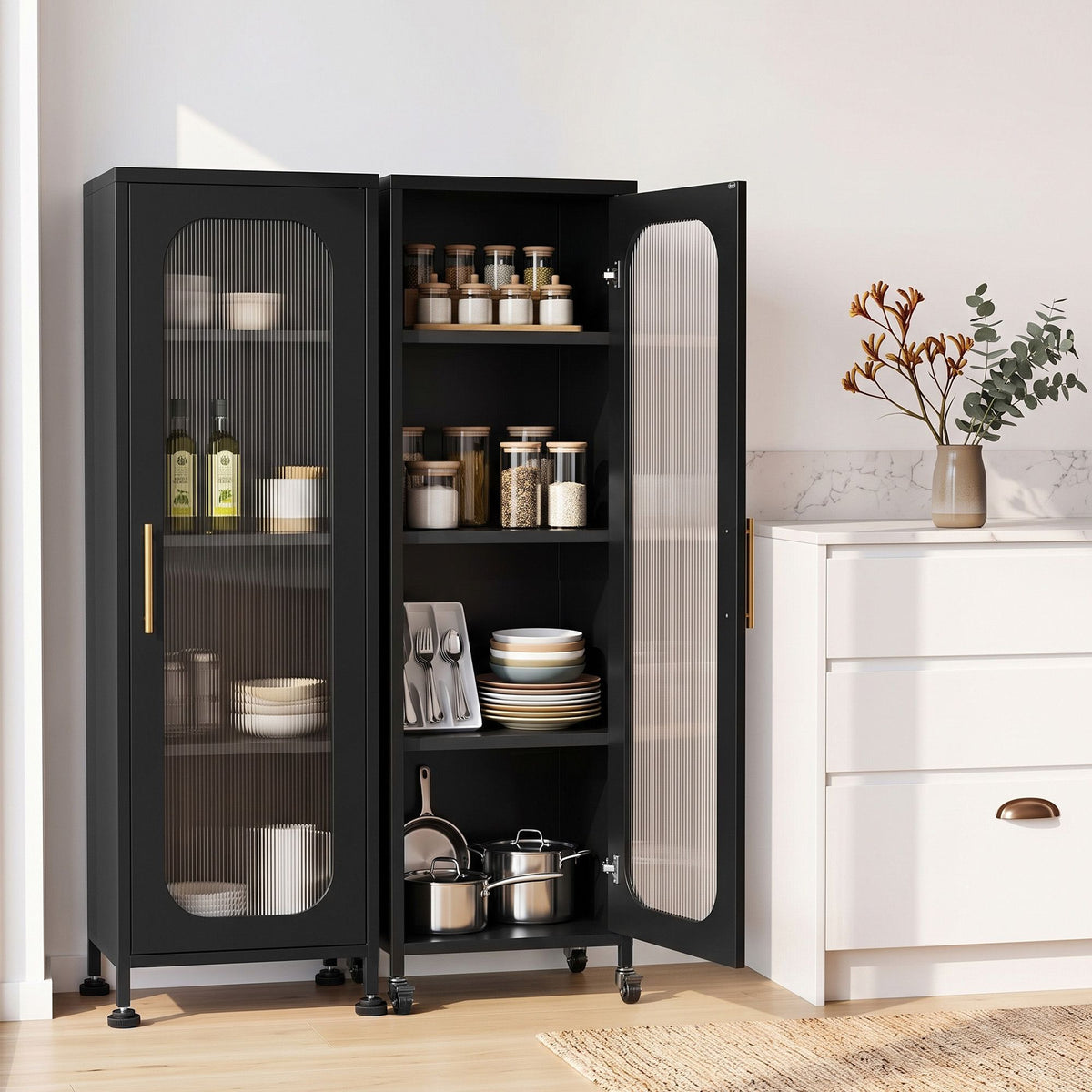 TWSC Buffet Cabinet Sideboard X2 Slim Kitchen Storage Trolley Wheels Black