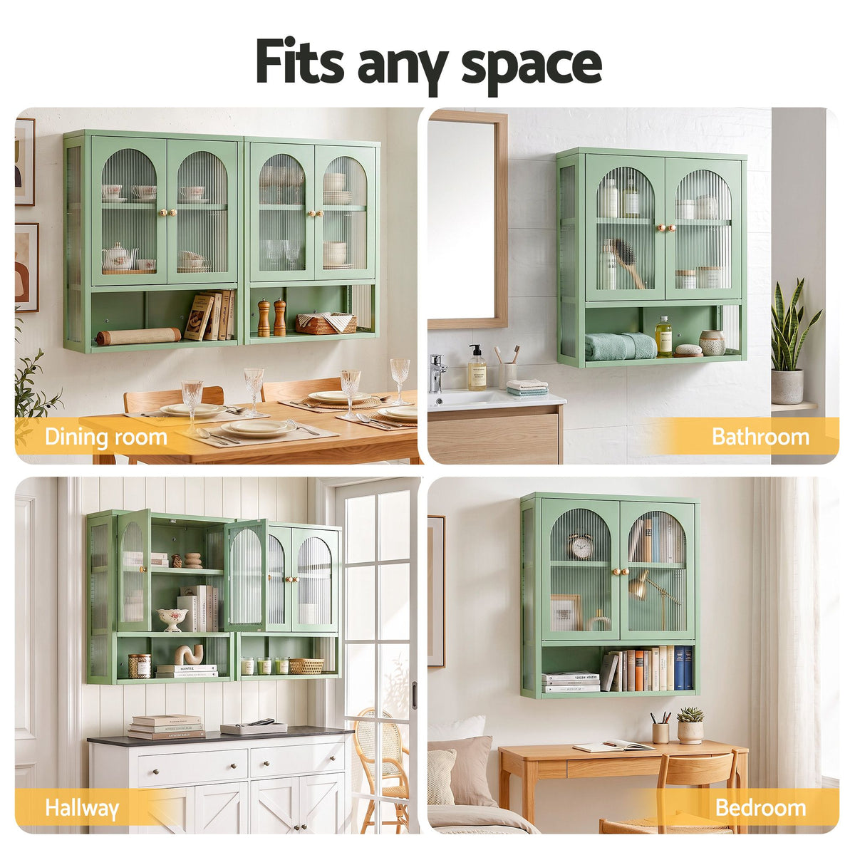 TWSC Buffet Cabinet Sideboard Wall Mounted Fluted Display Storage 70cm Green