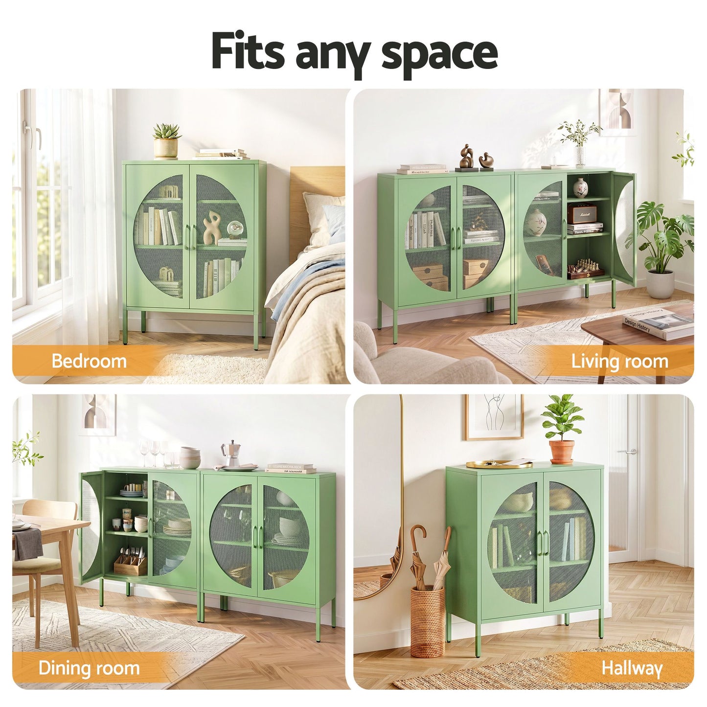 TWSC 2x Buffet Sideboard Cabinet ELSA Cupboard Storage Mesh Doors Metal Green