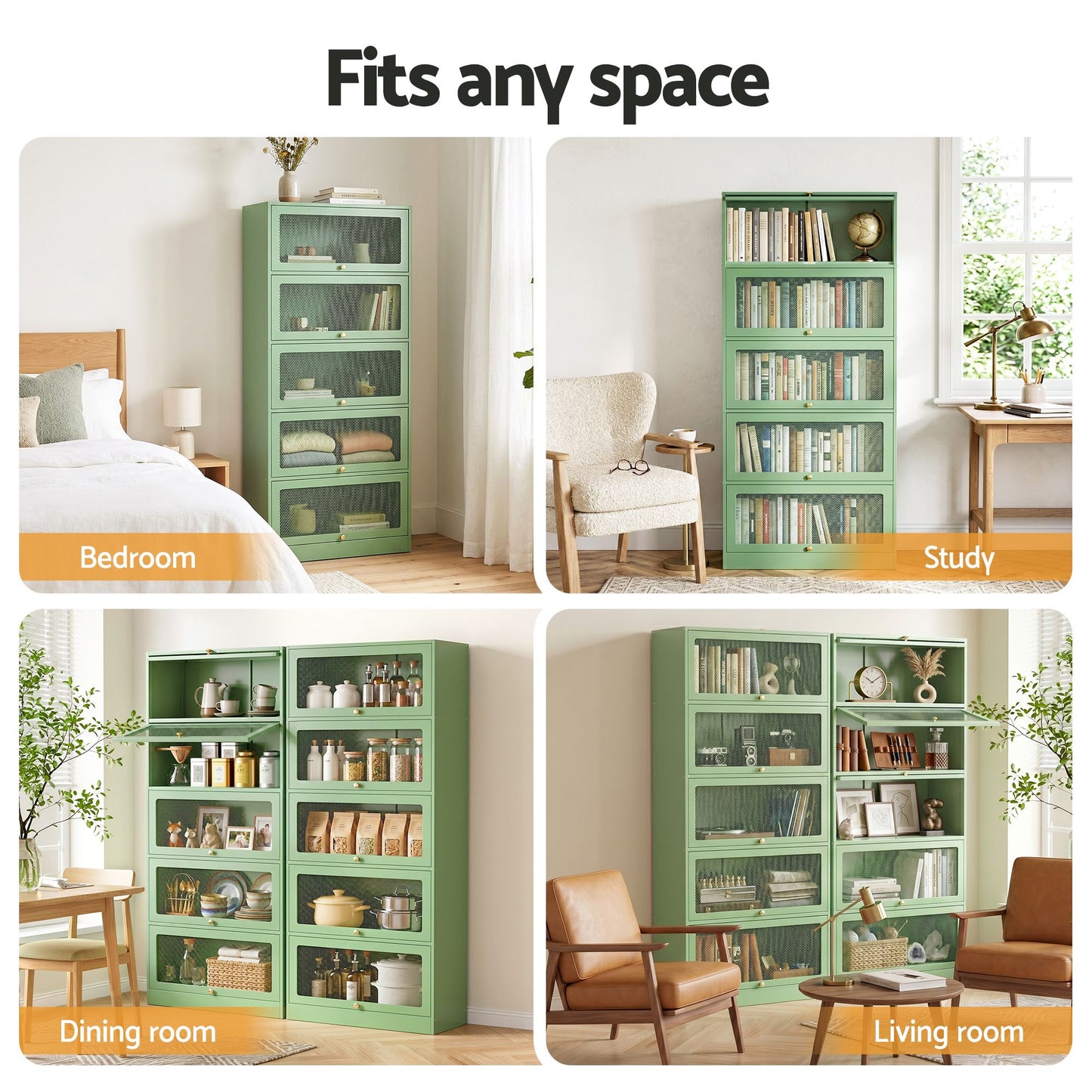 TWSC 2x Buffet Sideboard Cabinet Storage Cupboard Mesh Doors Metal ELIA Green