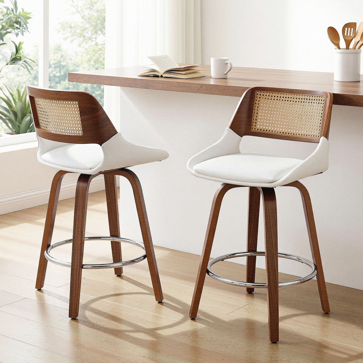 TWSC Wooden Bar Stools Set of 2 Swivel Kitchen Counter Stool Chair 60cm Seat Height