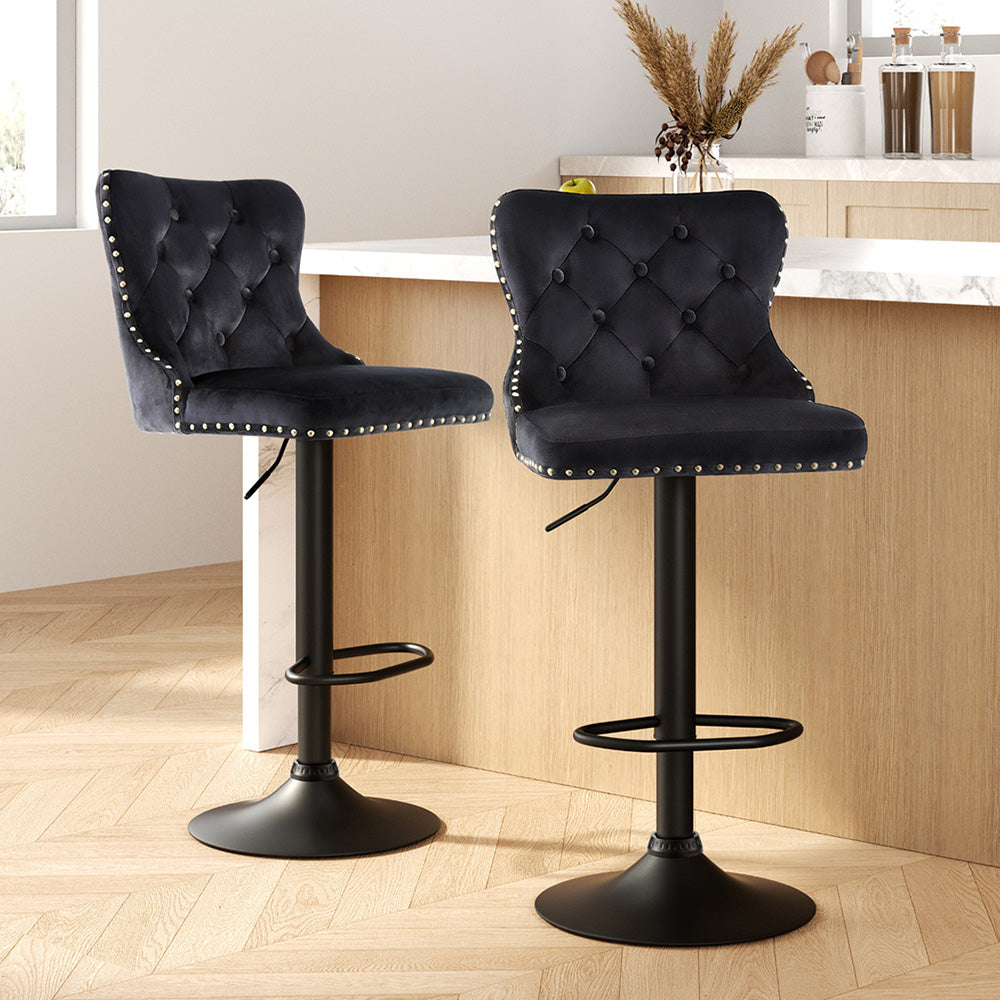TWSC 2x Velvet Bar Stool Adjustable Height Nailhead Trim Kitchen Counter Stool