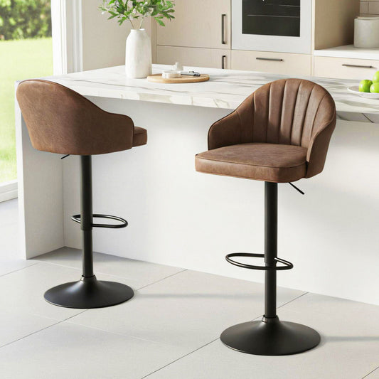 TWSC 2x Bar Stools Kitchen Swivel Gas Lift Counter Chair Shell Leather Brown