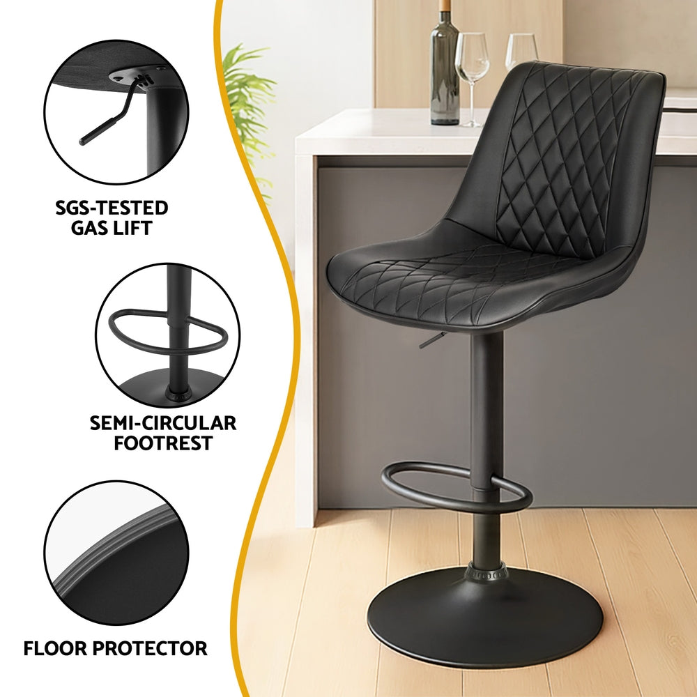 TWSC 2x Bar Stools Kitchen Swivel Gas Lift Counter Chair Diamond Leather Black
