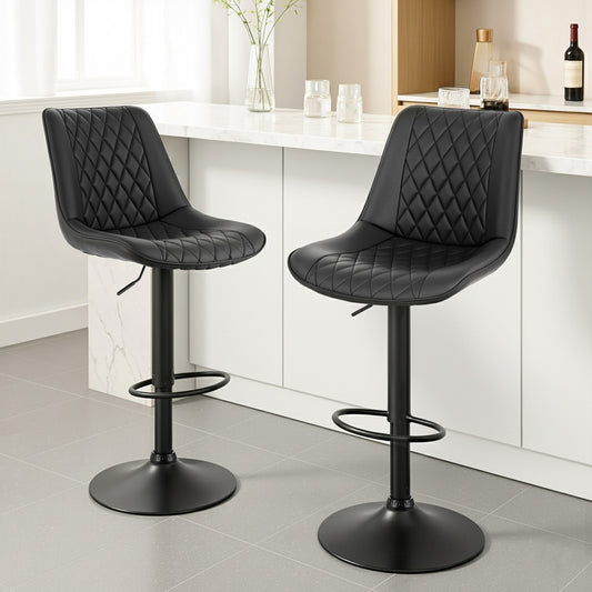 TWSC 2x Bar Stools Kitchen Swivel Gas Lift Counter Chair Diamond Leather Black