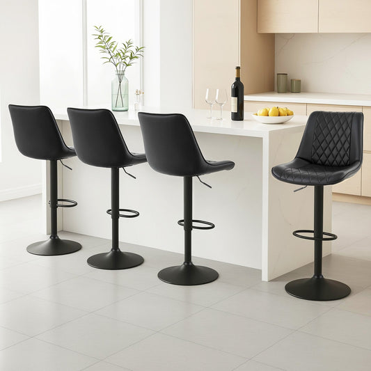 TWSC 4x Bar Stools Kitchen Swivel Gas Lift Counter Chair Diamond Leather Black
