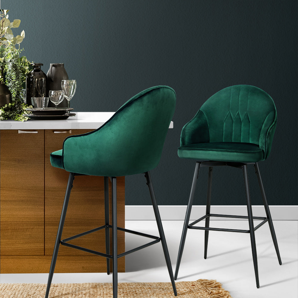 TWSC 2x Bar Stools Velvet Swivel Metal Legs