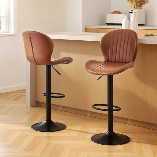 TWSC 2x Bar Stools Kitchen Swivel Gas Lift Counter Chair Shell Leather Brown