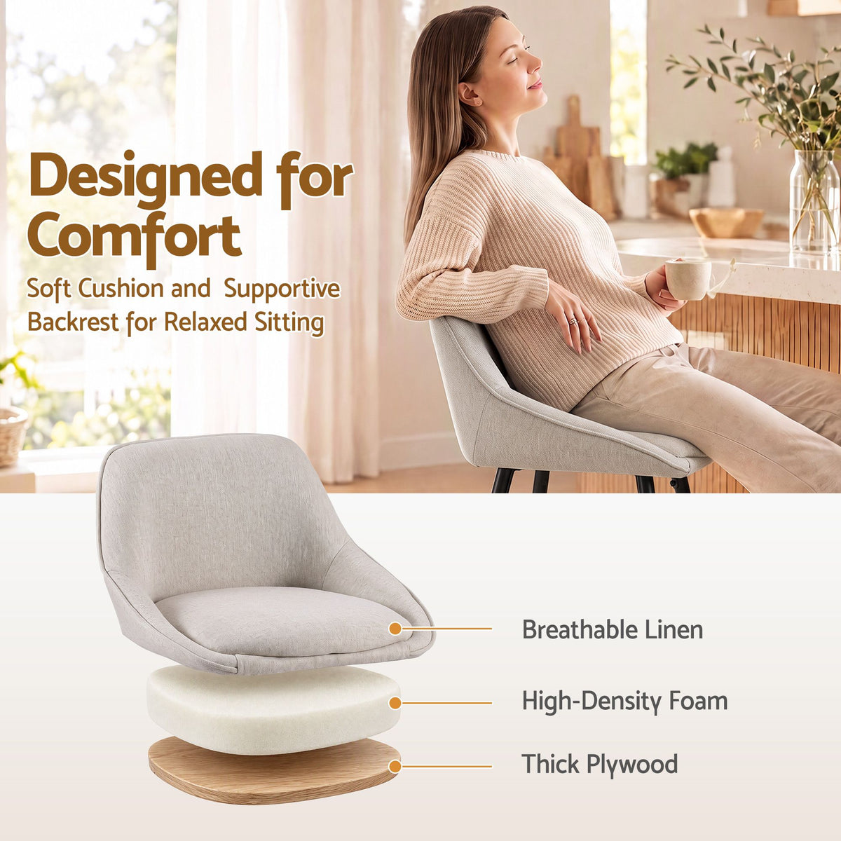 TWSC 60cm Linen Counter Stools, Beige – Set of 4 — seat and backrest upholstery detail infographic