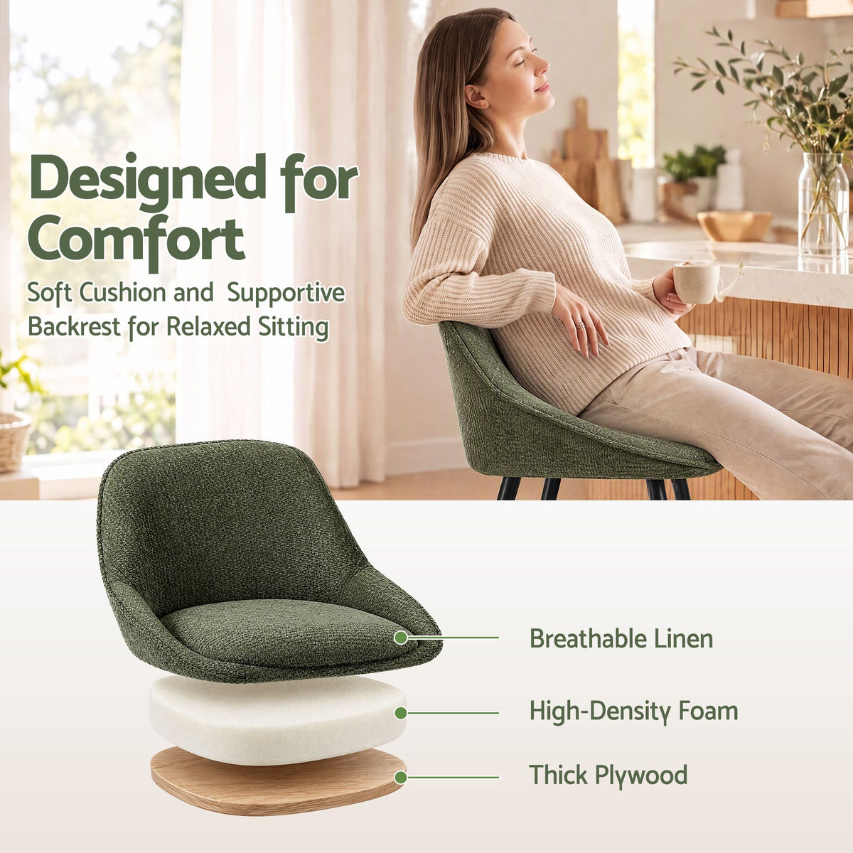 TWSC 60cm Linen Counter Stools, Green – Set of 4 — seat and backrest upholstery detail infographic