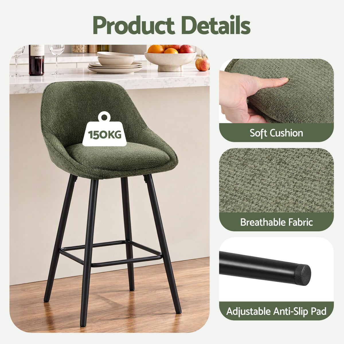 TWSC 60cm Linen Counter Stools, Green – Set of 4 — seat, frame and adjustable foot-pad details