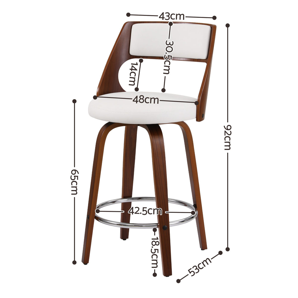 TWSC 65cm Swivel Counter Stools, White & Walnut – Set of 2 — seat-height and overall-dimension diagram