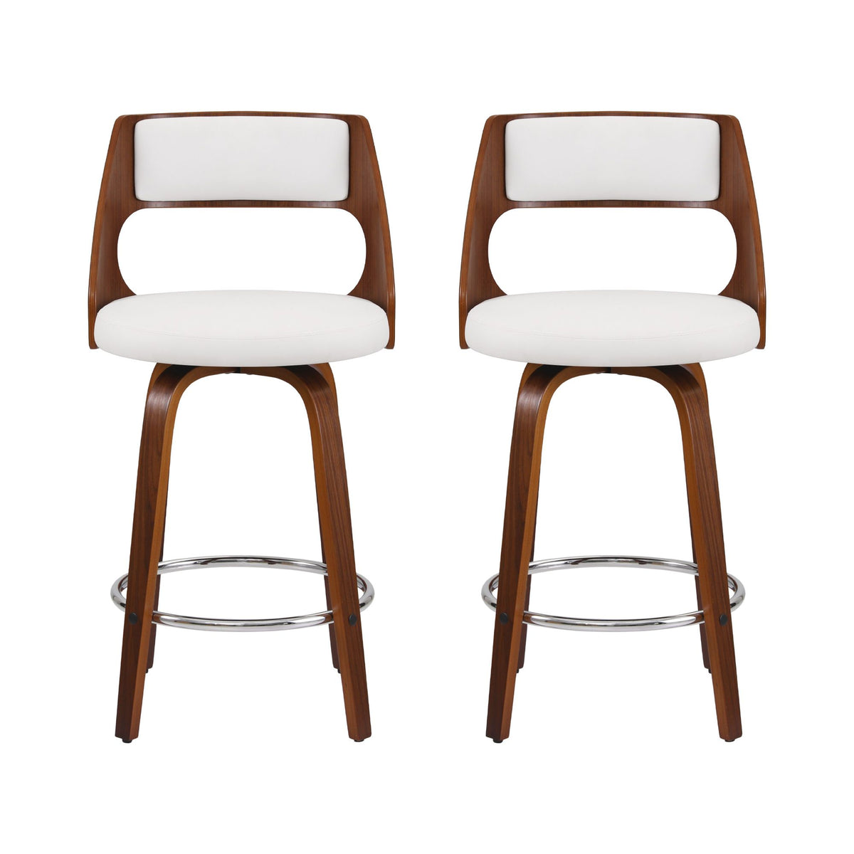 TWSC 65cm Swivel Counter Stools, White & Walnut – Set of 2 — front view of the stool set