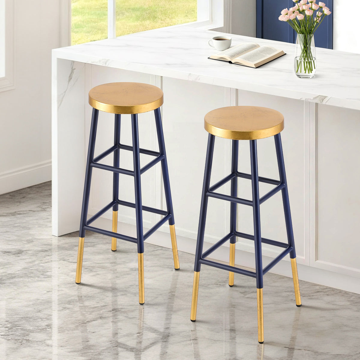 TWSC 2x Bar Stools Metal Gold Navy