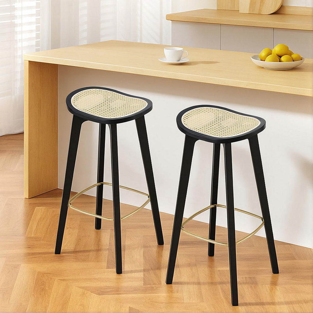 TWSC 2x Bar Stools Rattan Counter Kitchen Dinning Chair Bamboo Saddle Black