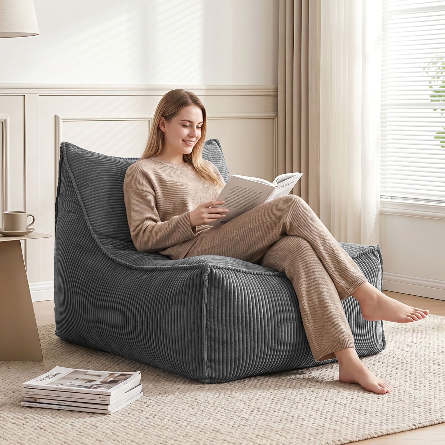 TWSC Bean Bag Chair Cover (No Filler) Soft Corduroy Stuffed Animal Storage Bean Bag Cover for Adults, Washable Lazy Sofa Cover for Living Room Bedroom, Grey