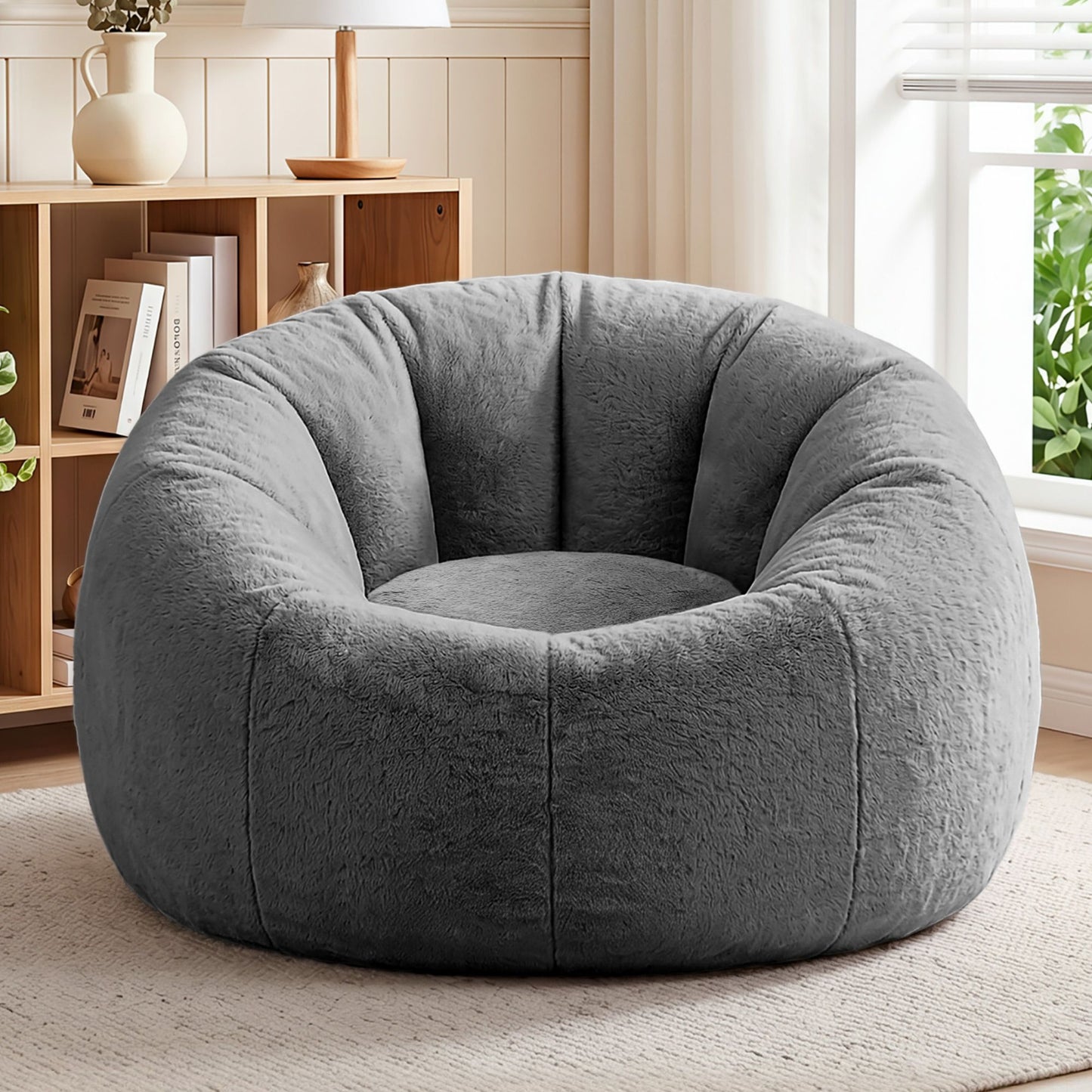 Bean Bag Chair Cover – Soft Faux Fur, Large Round, Grey