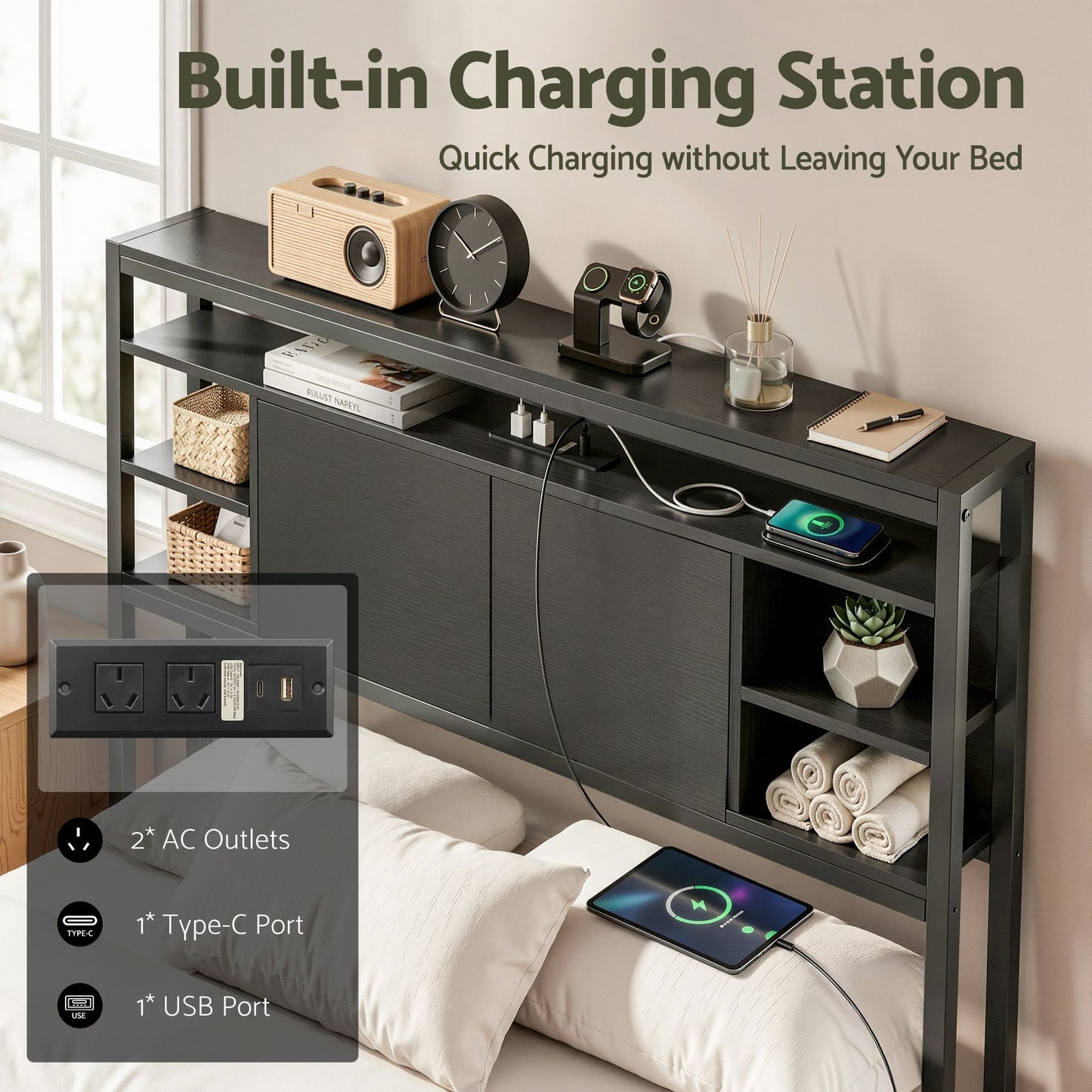 TWSC Bed Headboard King Single Storage Bedhead Charging Station Black