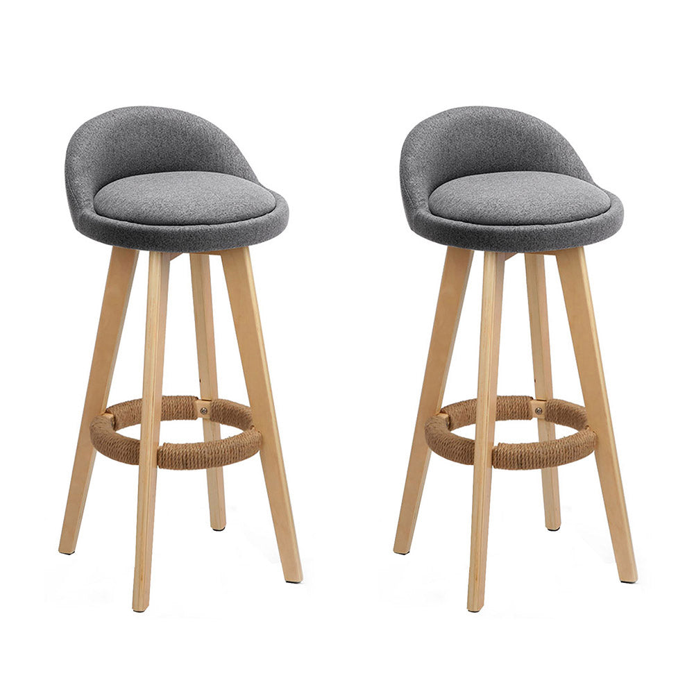 TWSC 2x Bar Stools Padded Linen Wooden Grey