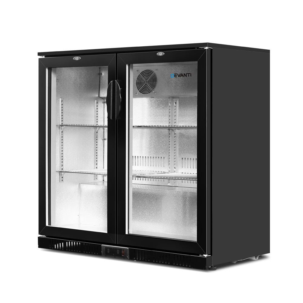 Devanti black dual glass door bar fridge with 198L capacity, modern appliance for storing beverages and snacks.
