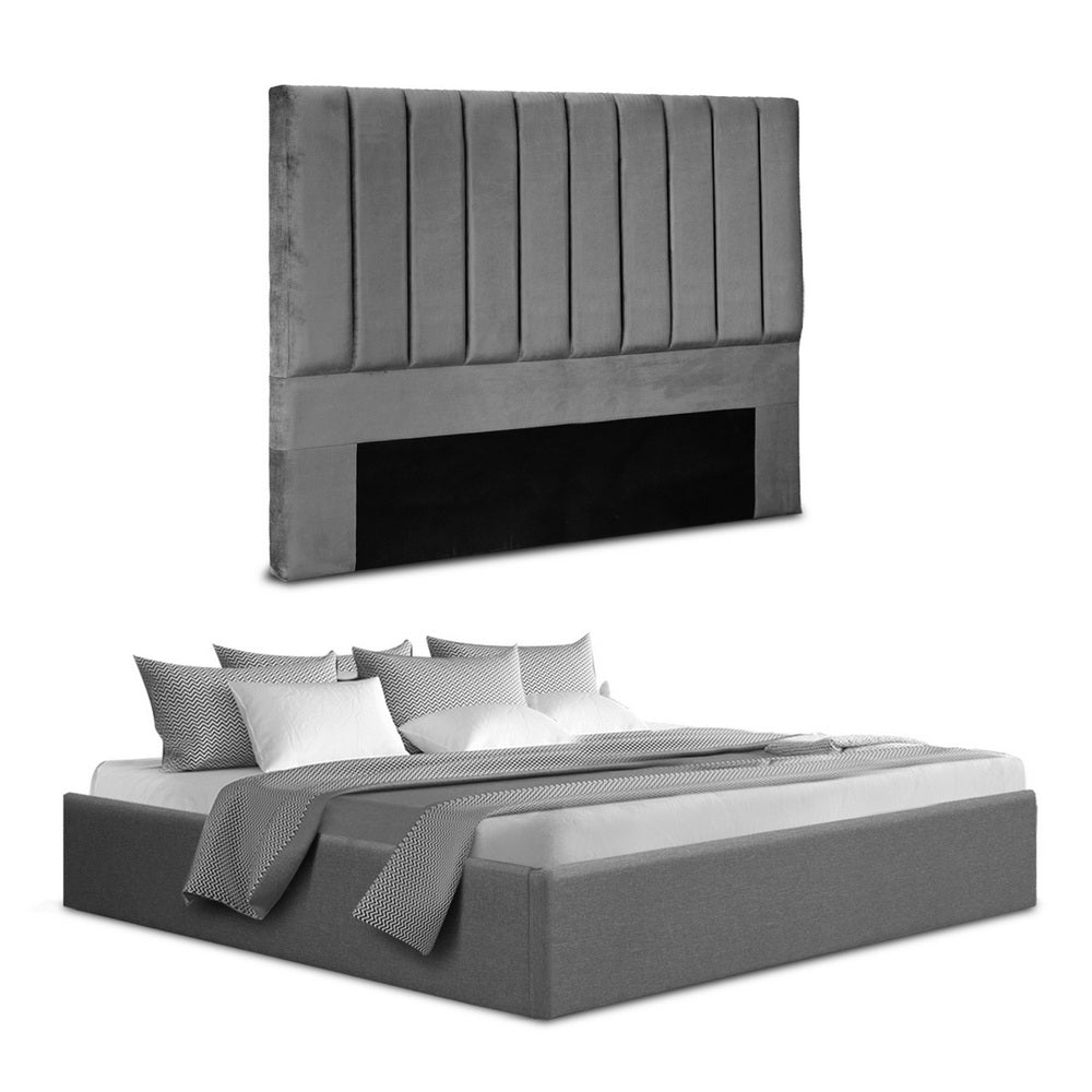 King Bed Frame with Gas Lift Storage and Grey Velvet Headboard