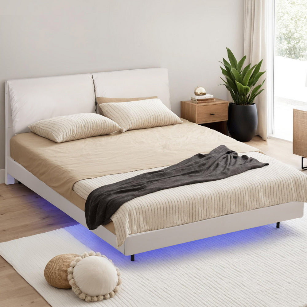 Queen Bed Frame – RGB LED Floating Design, Adjustable Headboard, Beige White