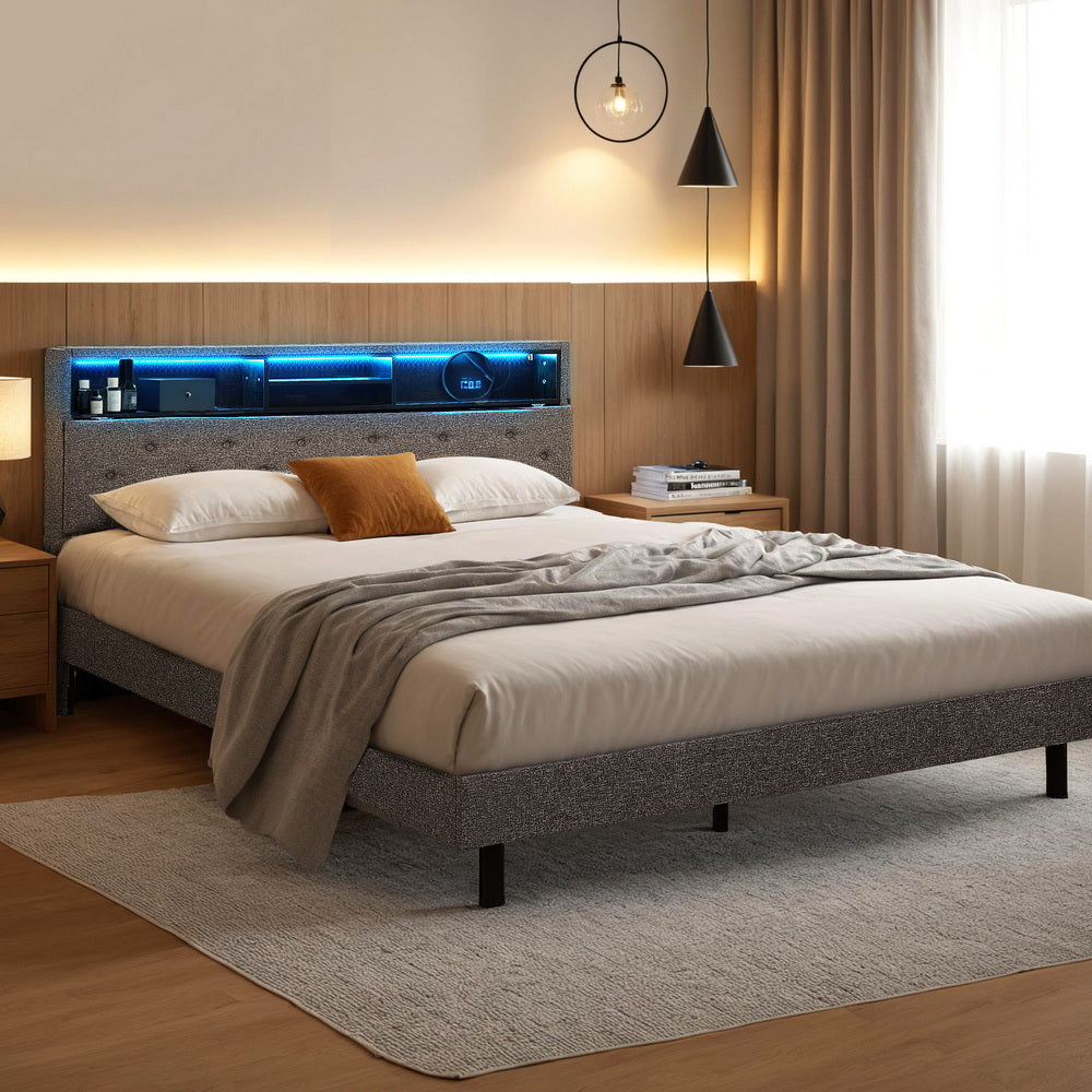 Double Bed Frame with LED Lighting and Hidden Storage – Grey Upholstery