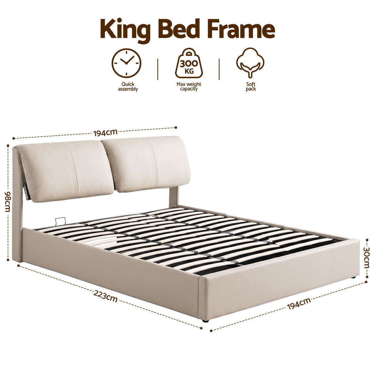 TWSC King Bed Frame Gas Lift Storage 3 Drawers Adjustable Headboard Platform Base