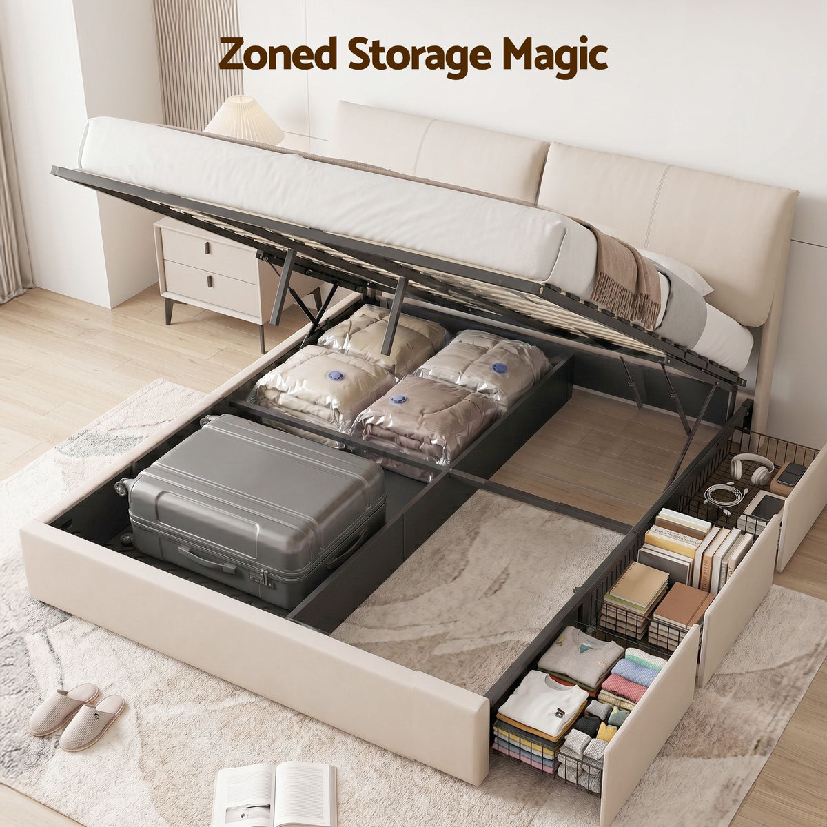 TWSC King Bed Frame Gas Lift Storage 3 Drawers Adjustable Headboard Platform Base