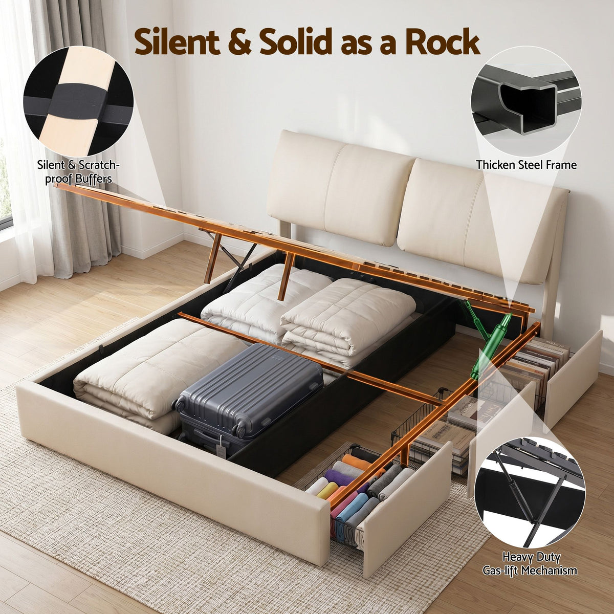 TWSC King Bed Frame Gas Lift Storage 3 Drawers Adjustable Headboard Platform Base