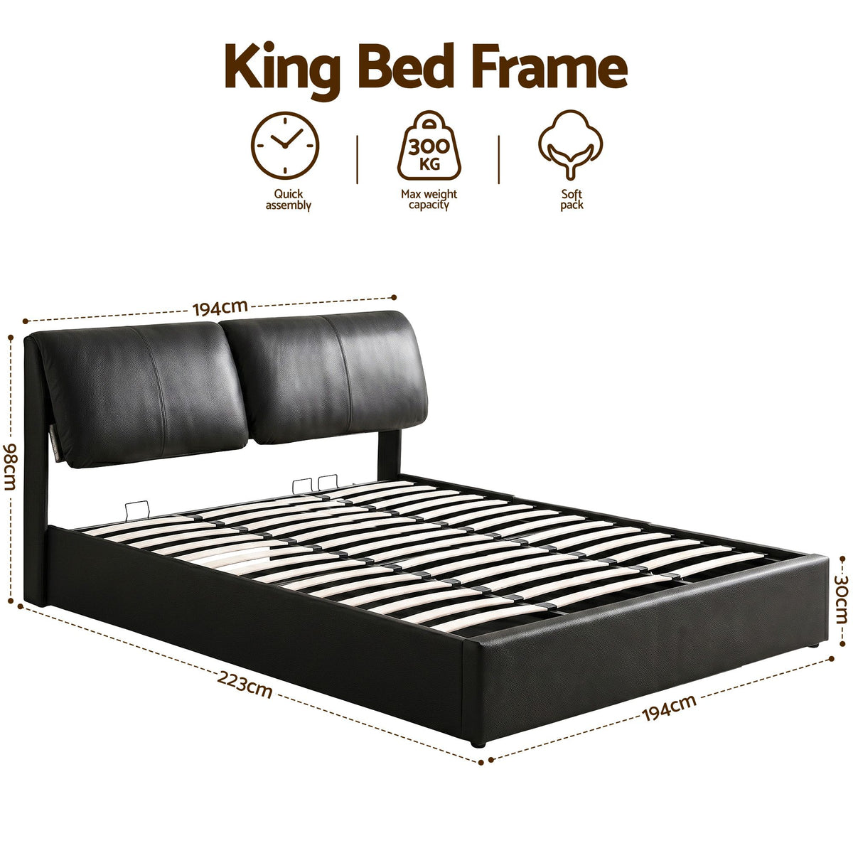 TWSC King Bed Frame Gas Lift Storage 3 Drawers Adjustable Headboard Platform Bed Black