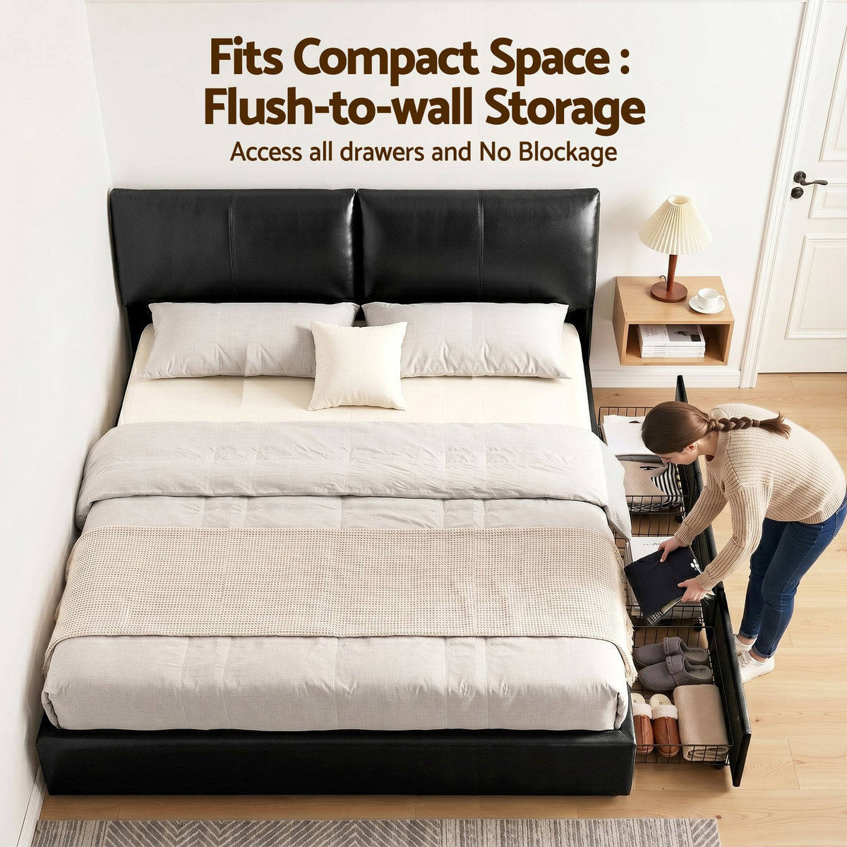 TWSC King Bed Frame Gas Lift Storage 3 Drawers Adjustable Headboard Platform Bed Black