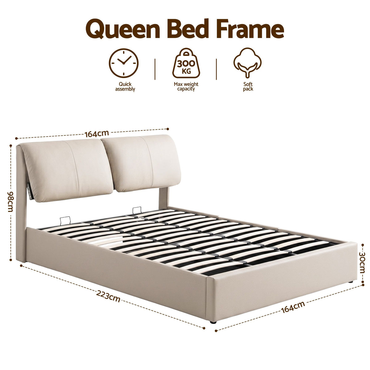 TWSC Queen Bed Frame Gas Lift Storage 3 Drawers Adjustable Headboard Platform Base