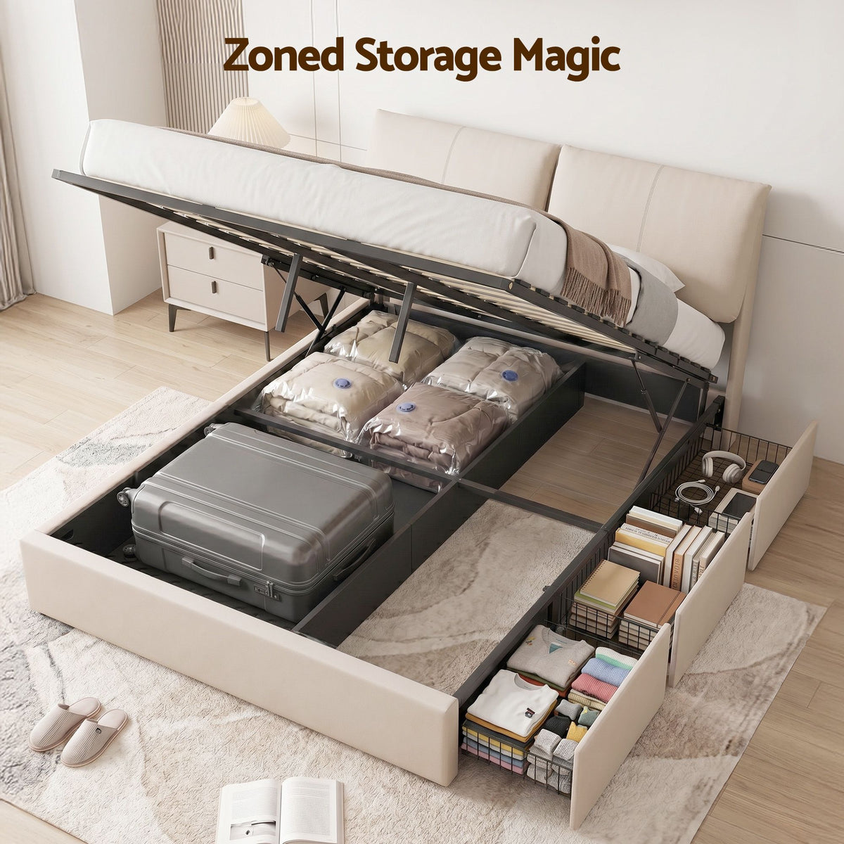 TWSC Queen Bed Frame Gas Lift Storage 3 Drawers Adjustable Headboard Platform Base