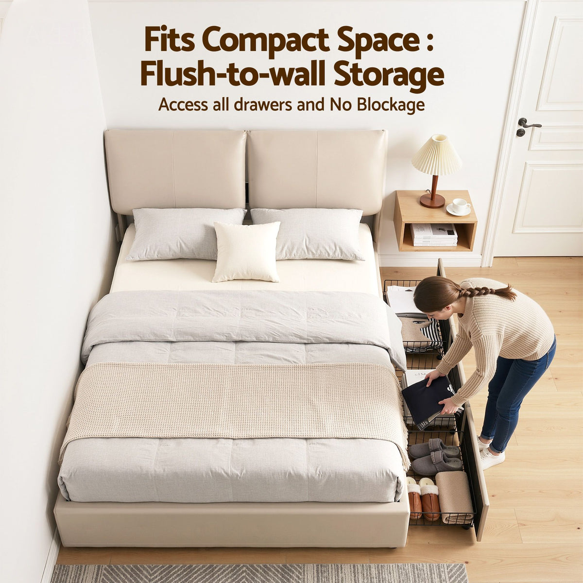 TWSC Queen Bed Frame Gas Lift Storage 3 Drawers Adjustable Headboard Platform Base