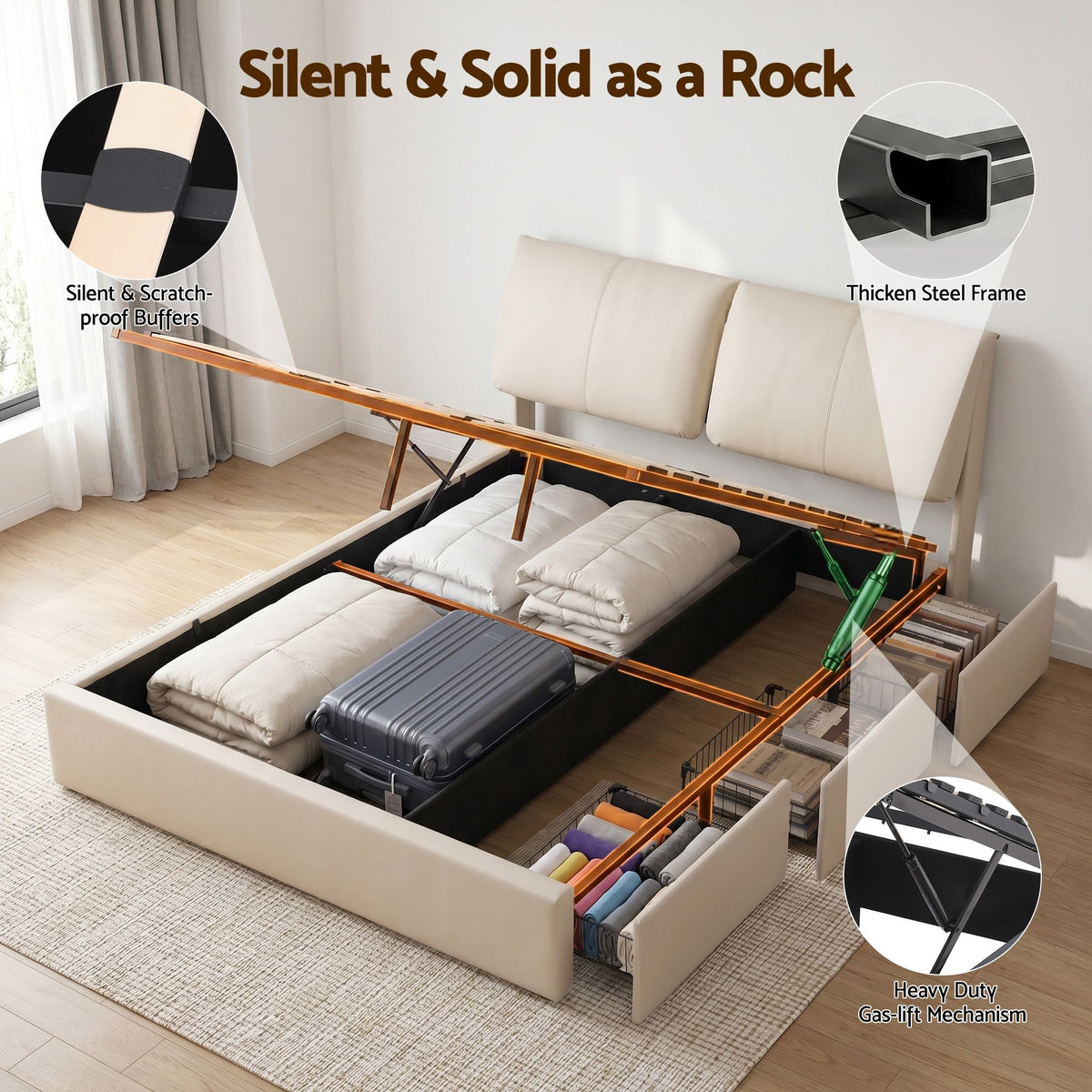 TWSC Queen Bed Frame Gas Lift Storage 3 Drawers Adjustable Headboard Platform Base