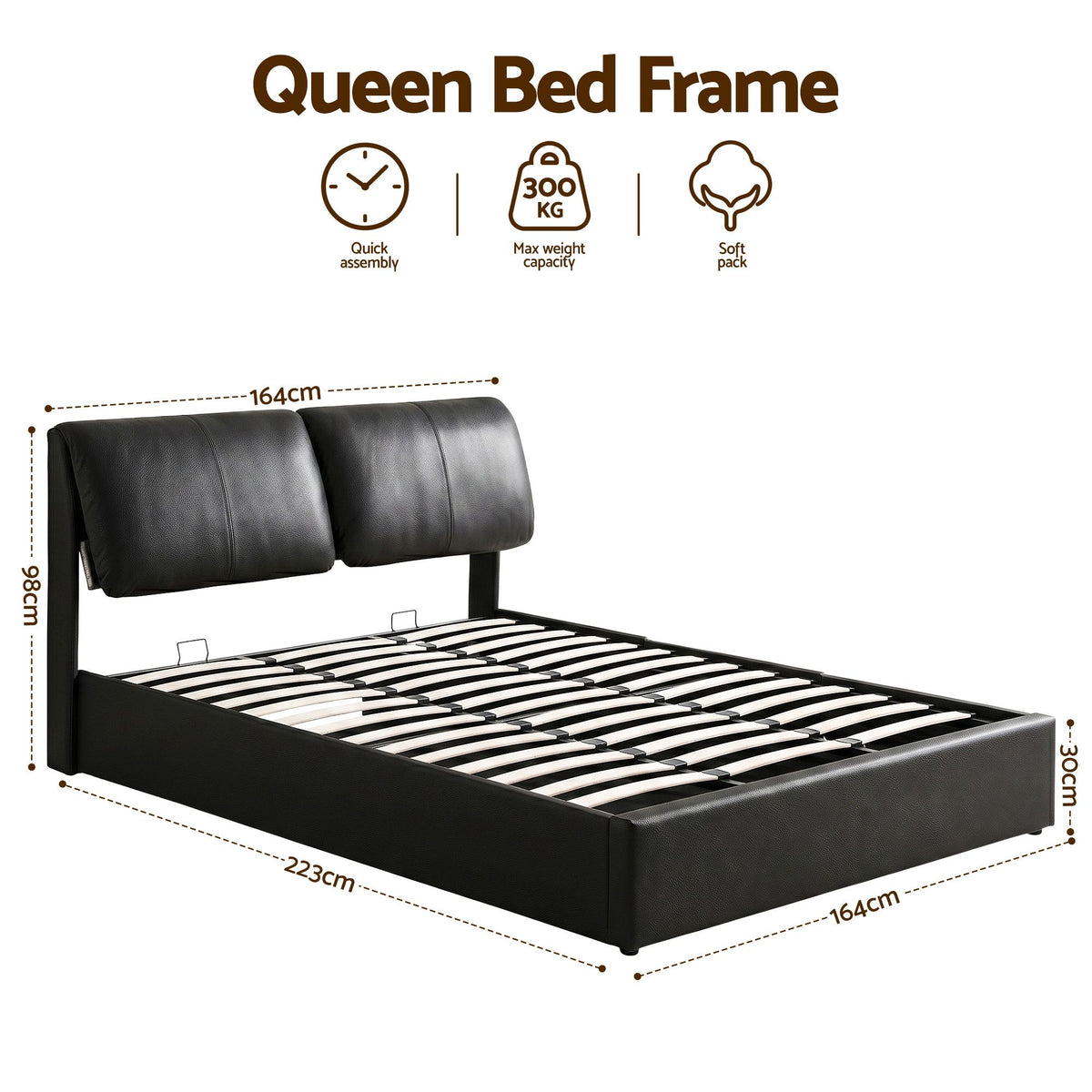 TWSC Queen Bed Frame Gas Lift Storage 3 Drawers Adjustable Headboard Platform Bed Black