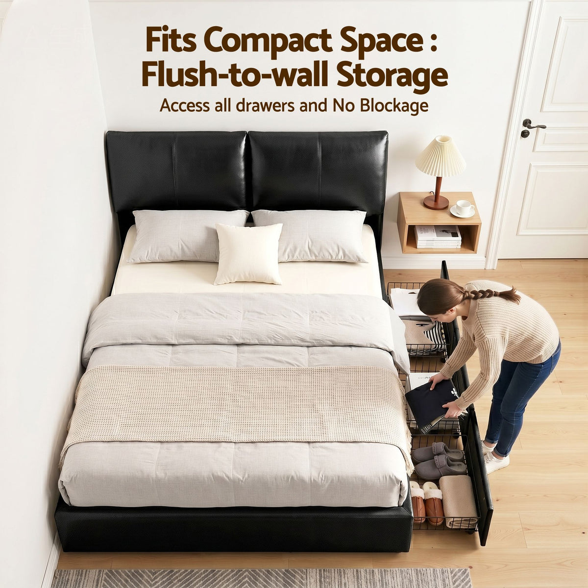 TWSC Queen Bed Frame Gas Lift Storage 3 Drawers Adjustable Headboard Platform Bed Black