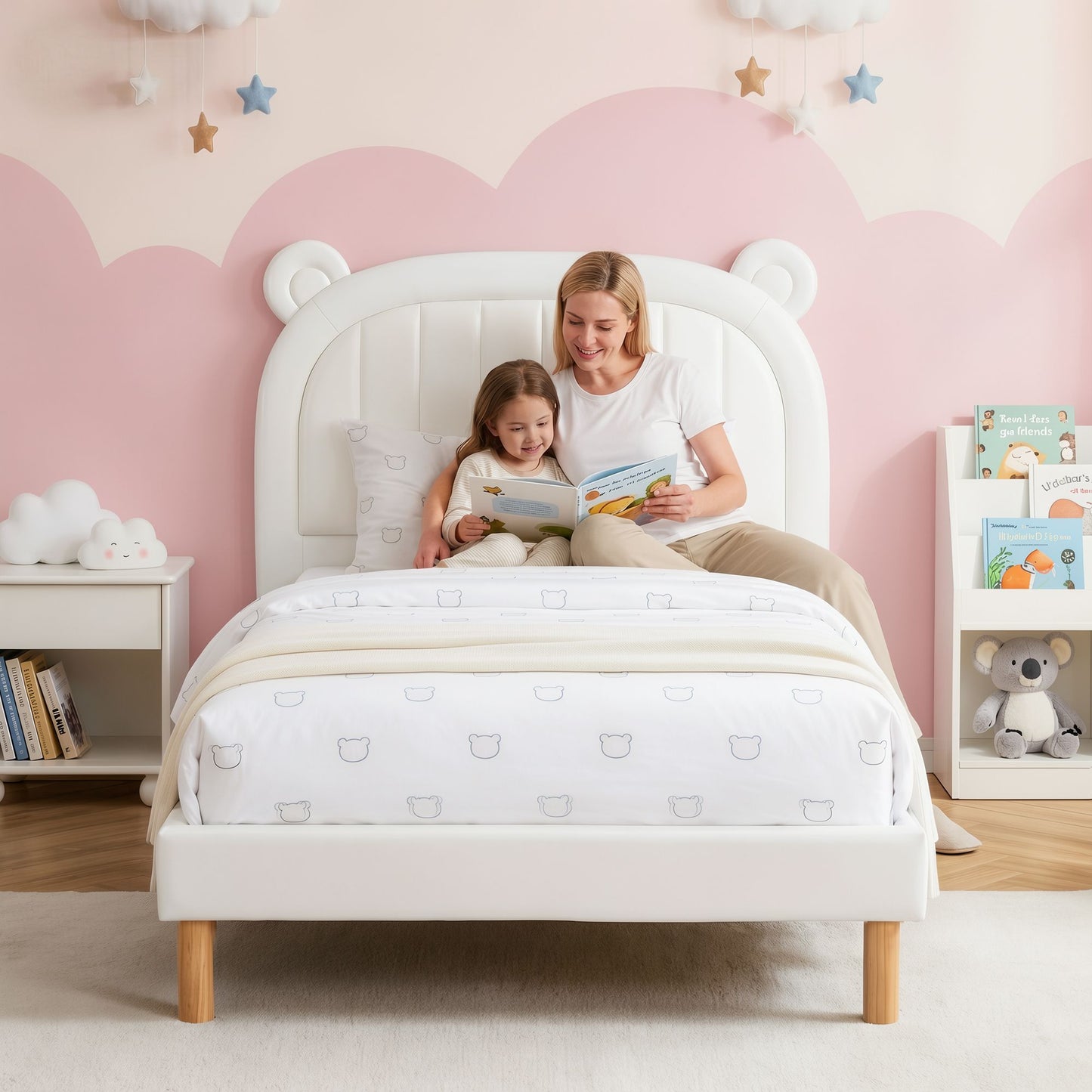 TWSC Kids King Single Bed Frame Bear Ears Headboard Upholstered Leather Platform Bed for Child