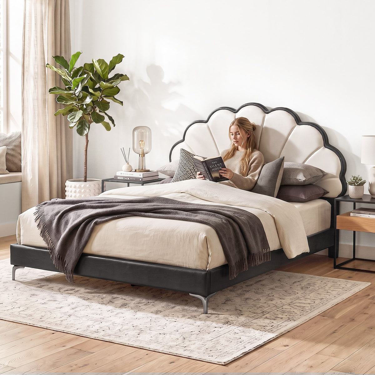 TWSC Queen Bed Frame with Adjustable Shell Headboard and PVC Upholstery